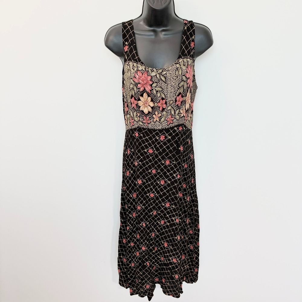 90s grunge Sleeveless Midi Dress Floral Lattice Mesh Bodice 10 Black Whimsigoth